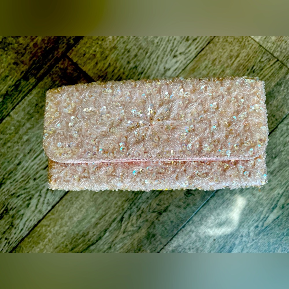 Vintage Light Pink White Sequin Beaded Clutch Bag Evening Purse.